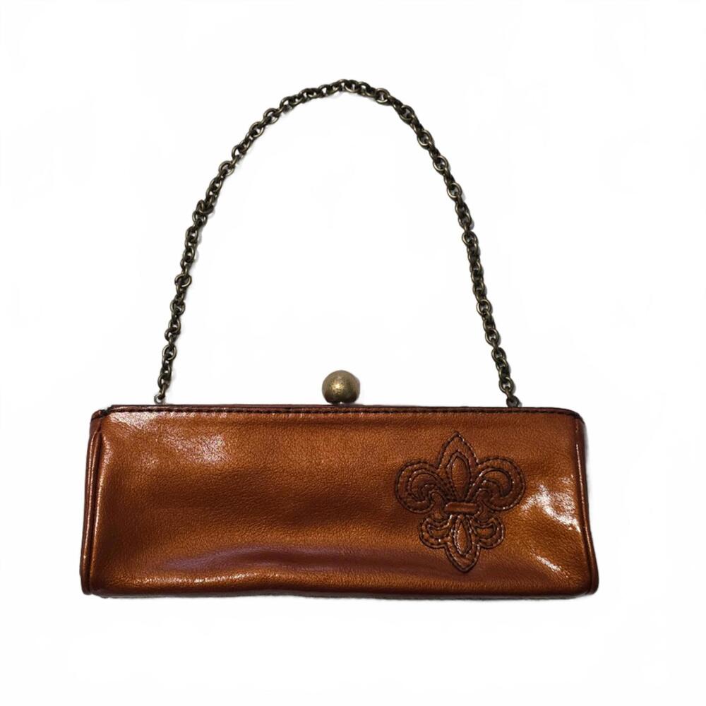 Gianni Bini Fleur de Lis Chain Cognac Brown Clutch